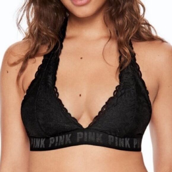 Victoria secret Pink black lace bralette adjustable T-back spellout wireless - Picture 1 of 4